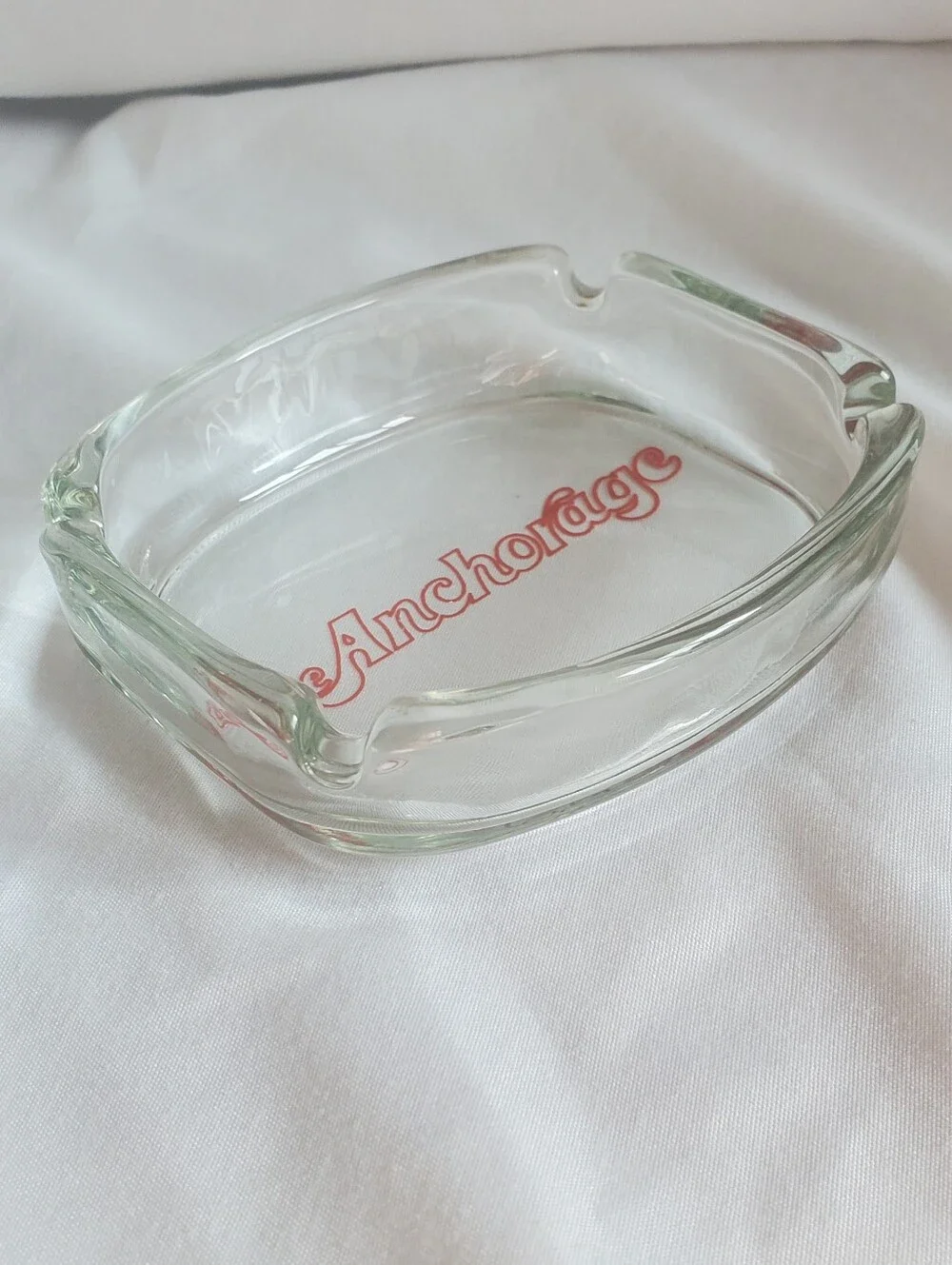 The Anchorage Vintage Clear Glass Ashtray with Red Script Logo Retro MCM EUC